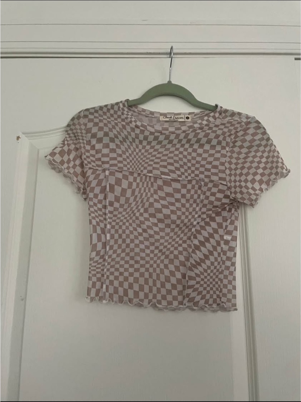 Checkered Short Sleeve Mesh Top - Neutral Taupe